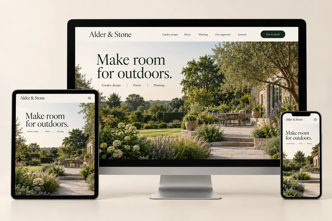 Alder & Stone landscaping website design shown on desktop, tablet and mobile