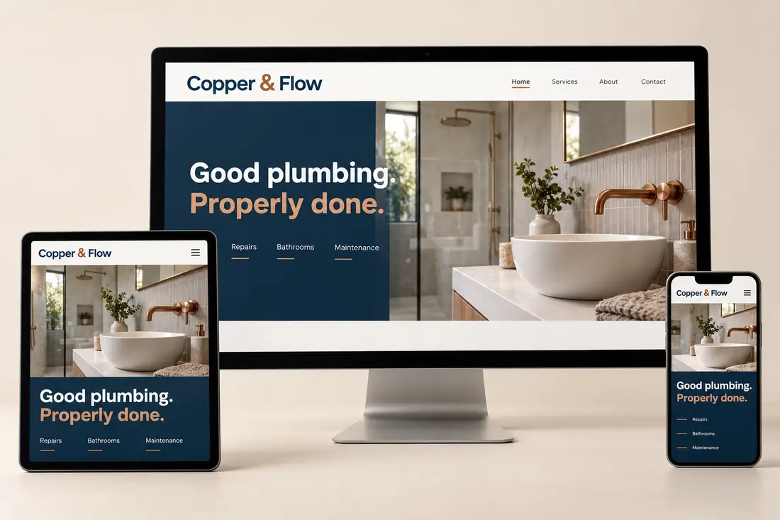Copper & Flow plumbing website design shown on desktop, tablet and mobile